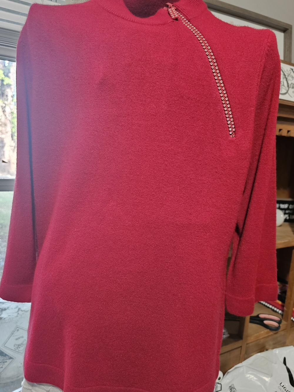 Women’s Ruby Red Mock Neck Sweater Top with Decorative Diagonal Zip - Picture 2 of 5